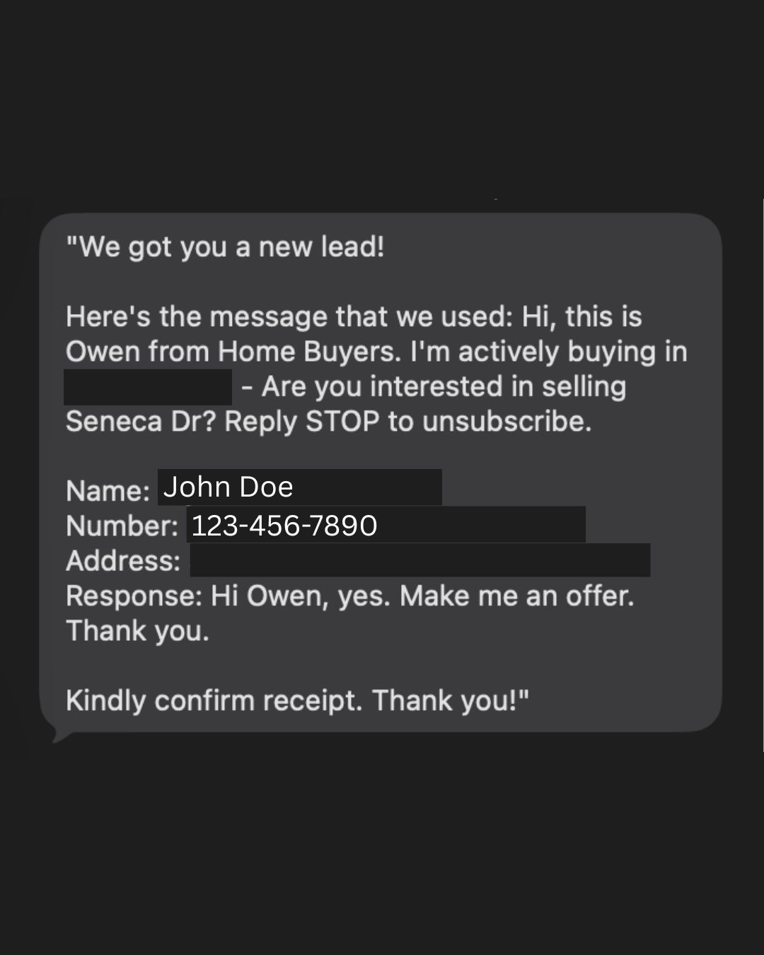 Real seller lead: motivated homeowner replying "Make me an offer" to a PalmerAI outreach text.