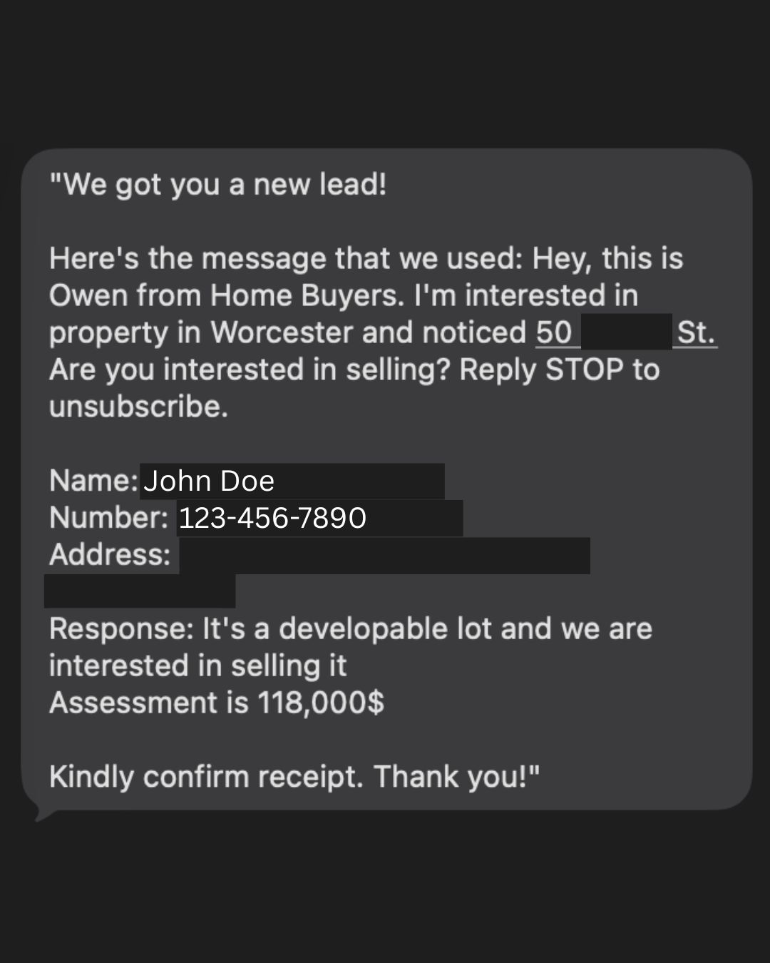Real seller lead: owner of a developable lot responding with interest to a PalmerAI outreach text.